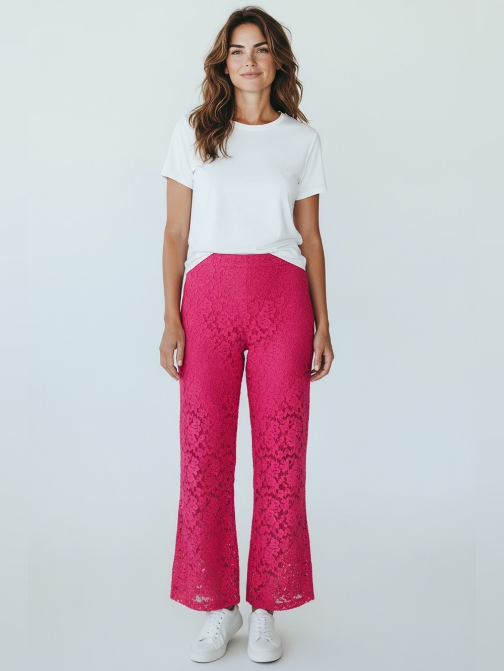 Free People All Day Lace Women’s Fuchsia Sheer Flare Coquette Pants Sz L NEW